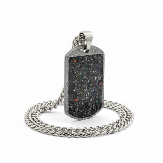 Damascus Steel Meteorite & Fire Opal Pendant