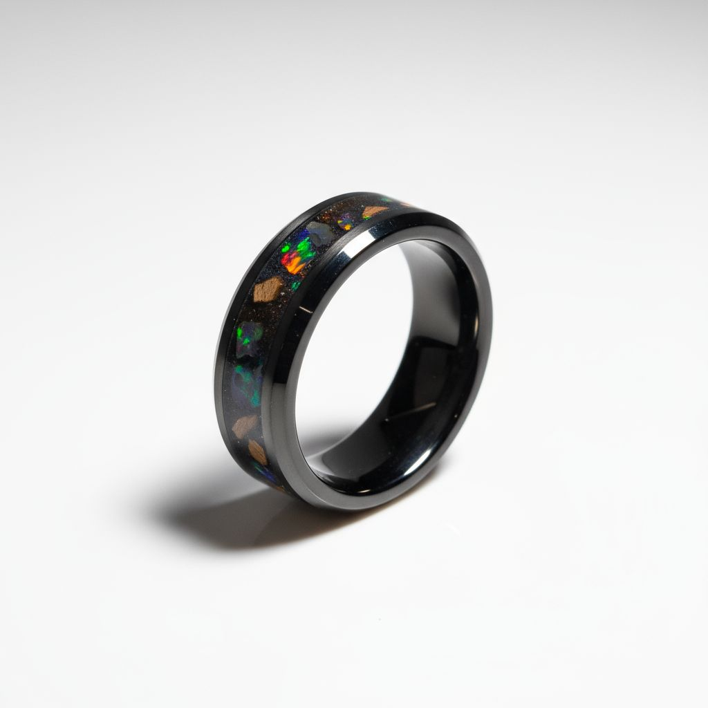 Black Ceramic Inlay Ring with Inferno Opal, Peridot, and Meteorite Dust