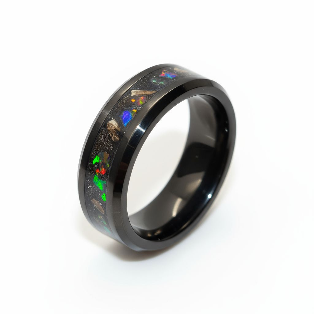 Black Ceramic Inlay Ring with Inferno Opal, Peridot, and Meteorite Dust