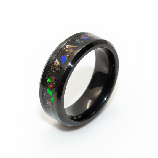 Black Ceramic Inlay Ring with Inferno Opal, Peridot, and Meteorite Dust