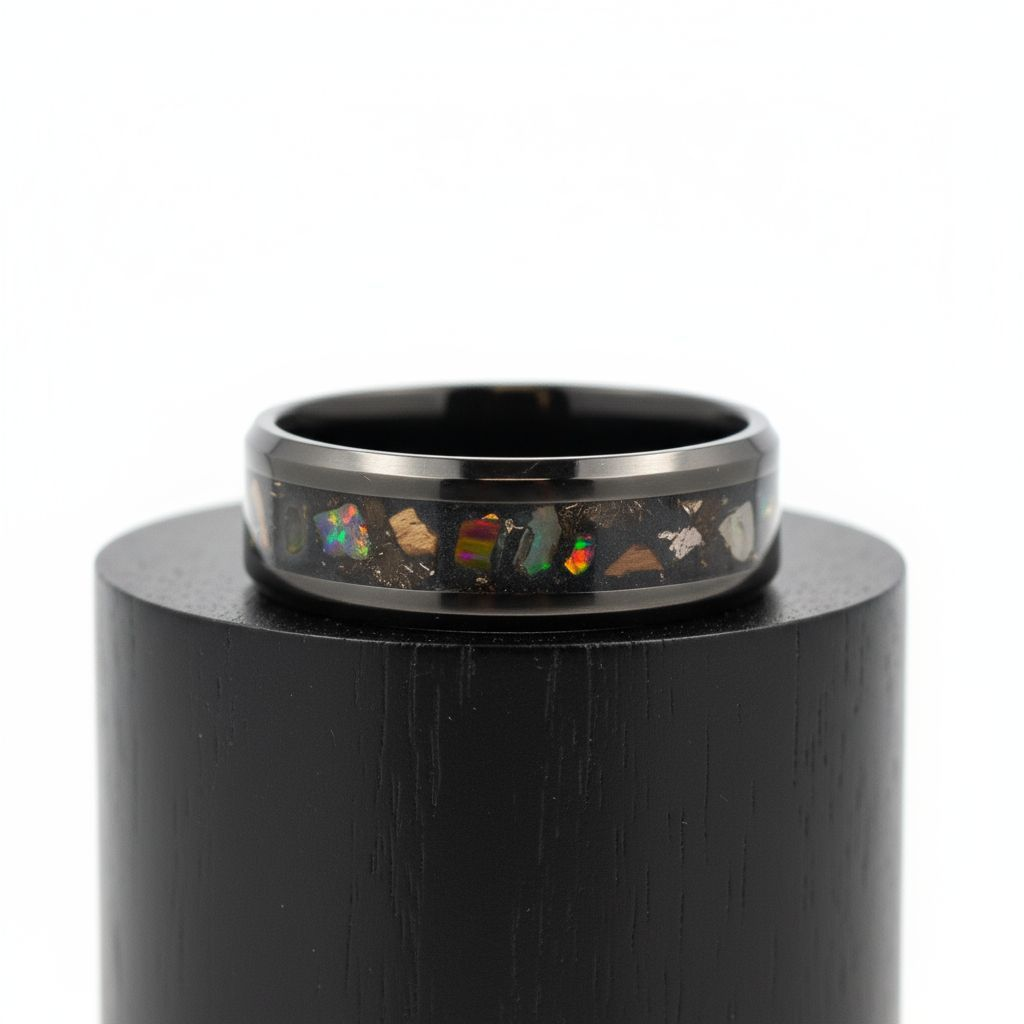 Black Ceramic Inlay Ring with Inferno Opal, Peridot, and Meteorite Dust