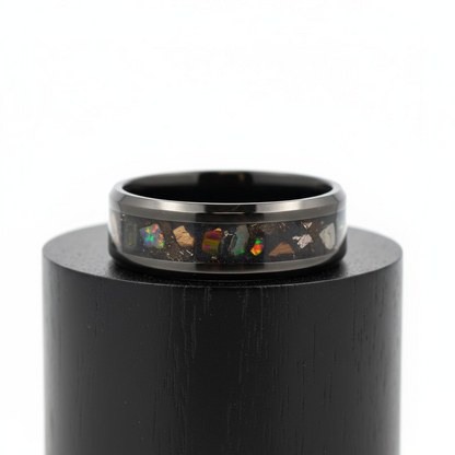 Black Ceramic Inlay Ring with Inferno Opal, Peridot, and Meteorite Dust