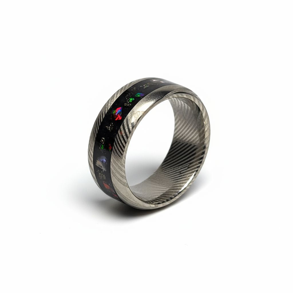 Damascus Steel Ring Dino Bone, Fire Opal, Pyrite