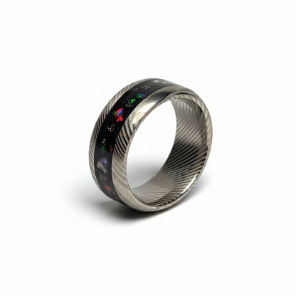 Damascus Steel Ring Dino Bone, Fire Opal, Pyrite