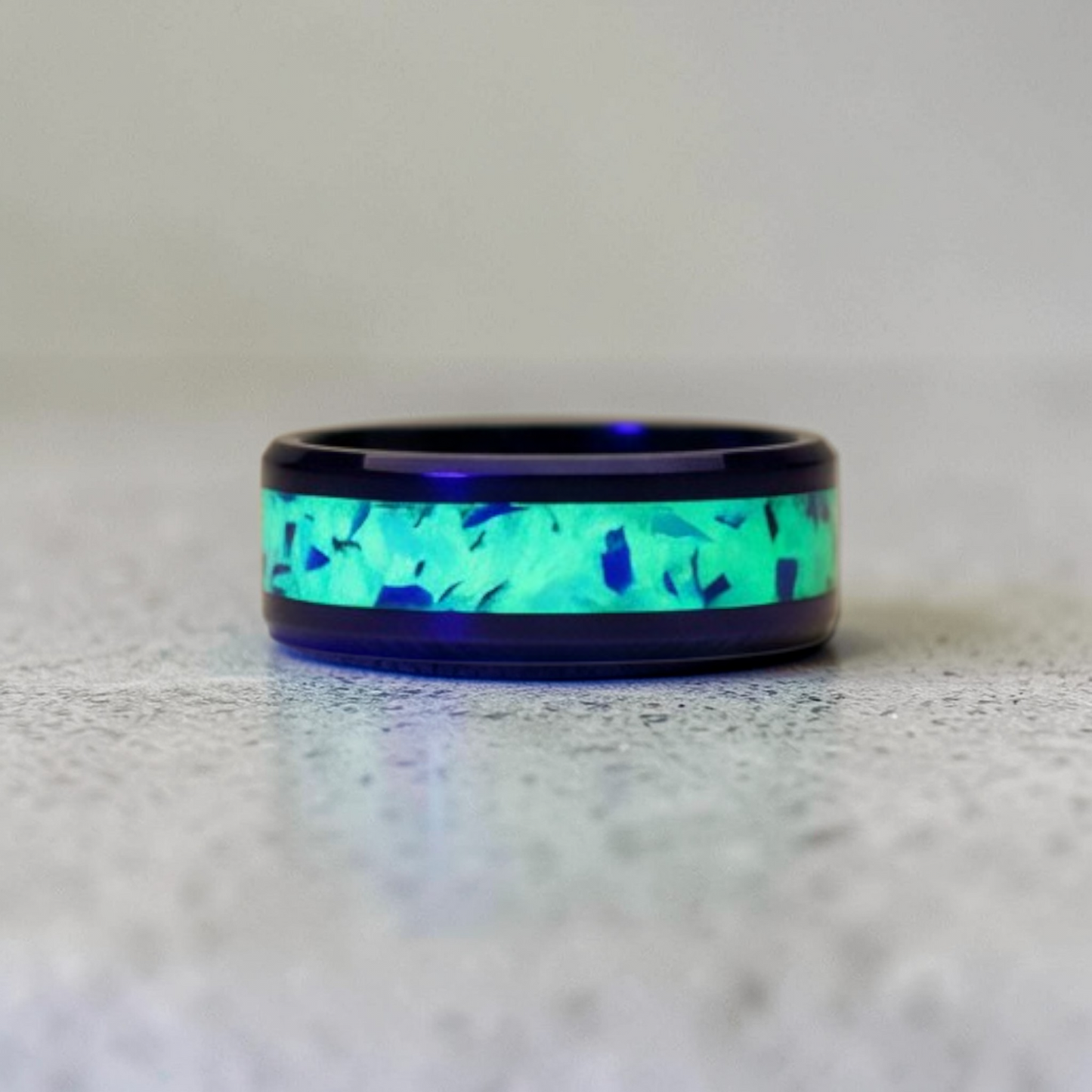 Black Ceramic Inlay Ring with Egyptian Blue Opal, Dragon Scale Opal, and Pearl White Color Pigment