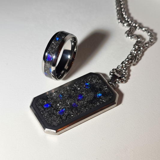 Meteorite, Blue Raspberry Opal Titanium Dog Tag Pendant and Titanium Ring