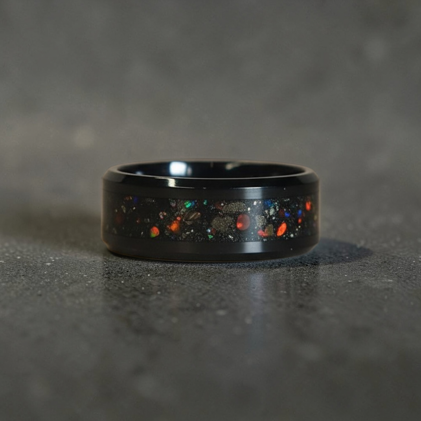 Black Ceramic Ring with Dragon Scale Opal, Tangerine Opal, and Meteorite Dust