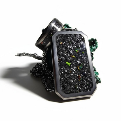 Meteorite, Black Fire Opal Titanium Dog Tag Pendant and Titanium Ring