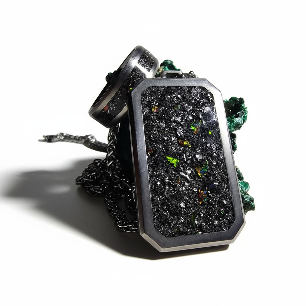Meteorite, Black Fire Opal Titanium Dog Tag Pendant and Titanium Ring