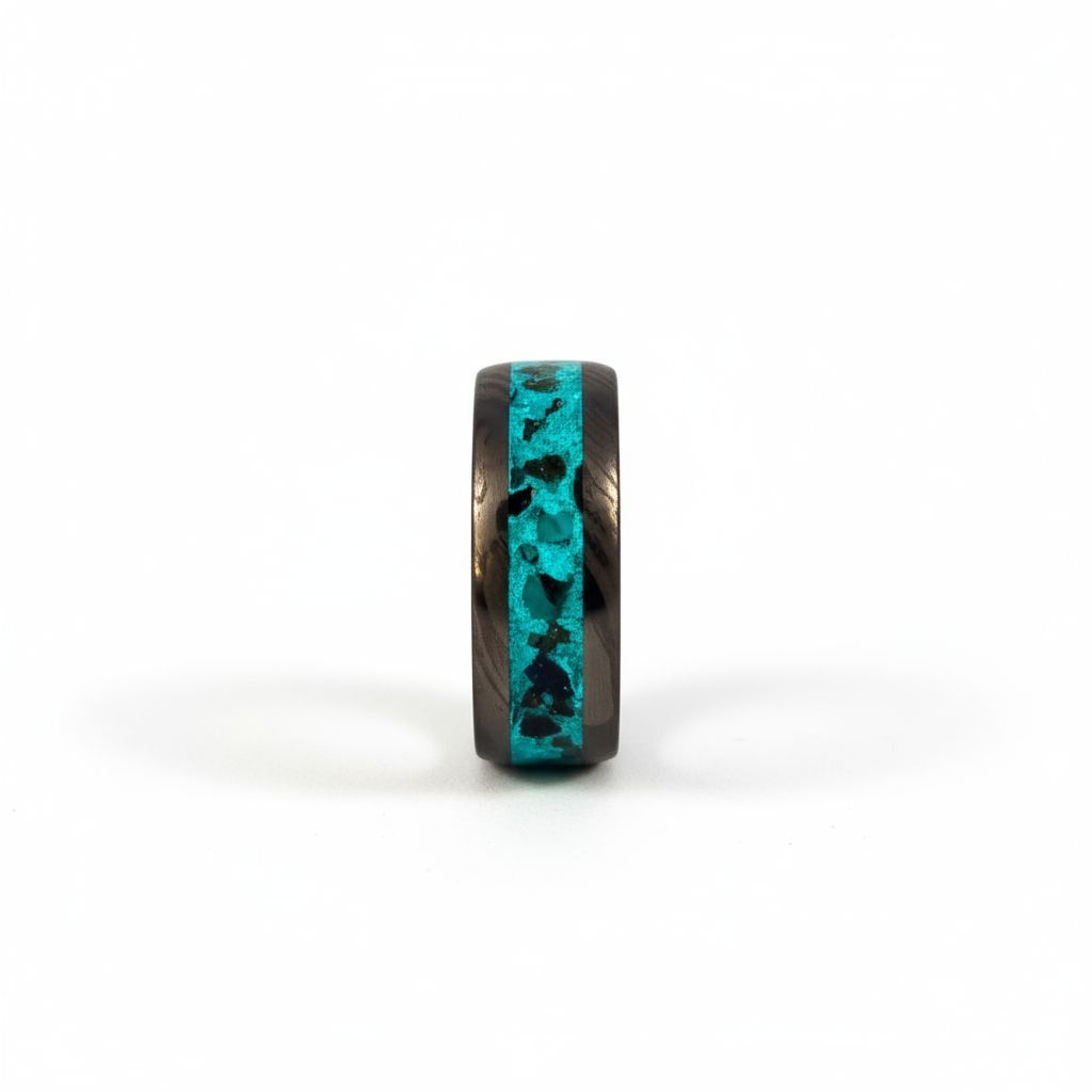 Damascus Steel Ring Dino Bone, Fire Opal, Pyrite