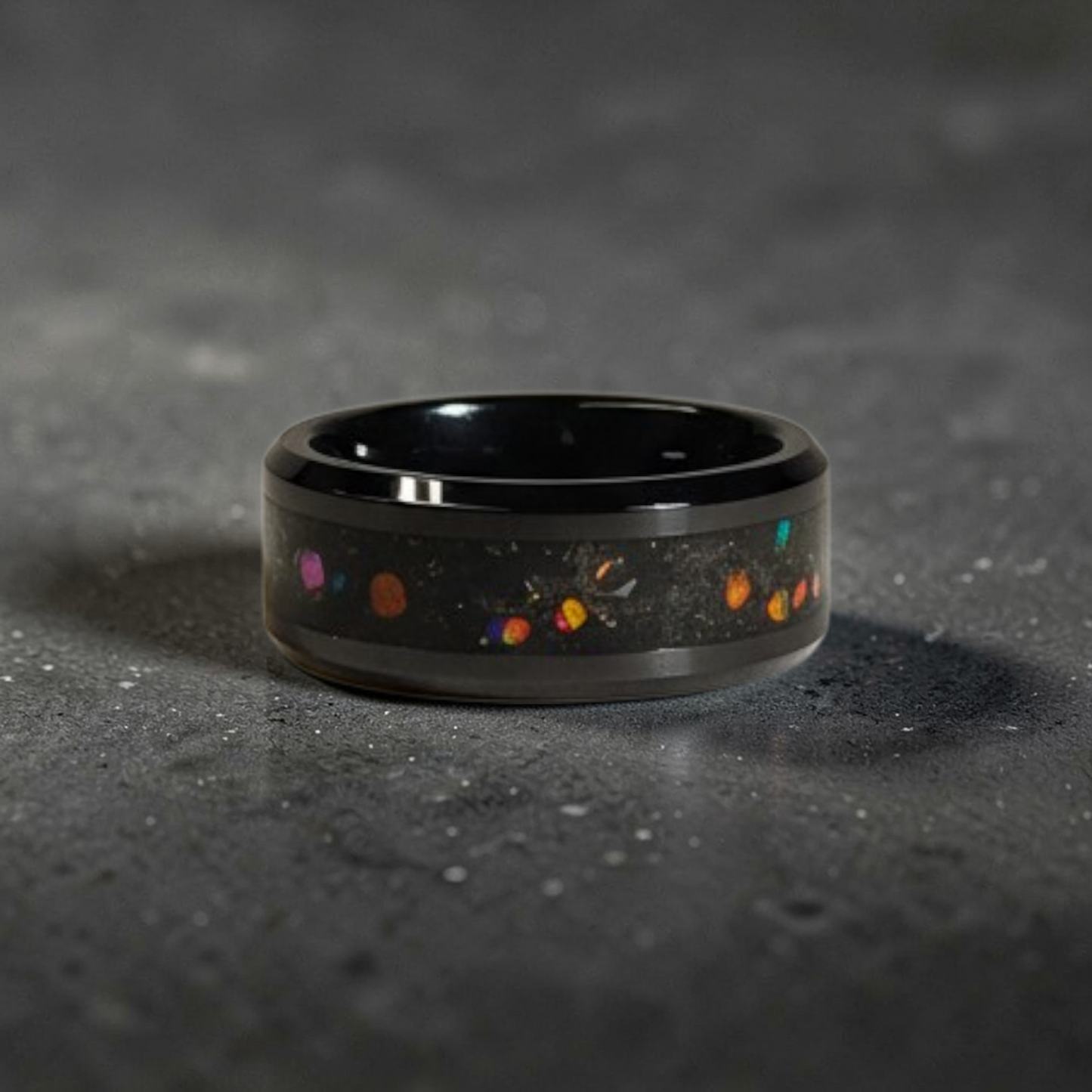 Black Ceramic Ring with Dragon Scale Opal, Tangerine Opal, and Meteorite Dust