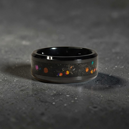 Black Ceramic Ring with Dragon Scale Opal, Tangerine Opal, and Meteorite Dust