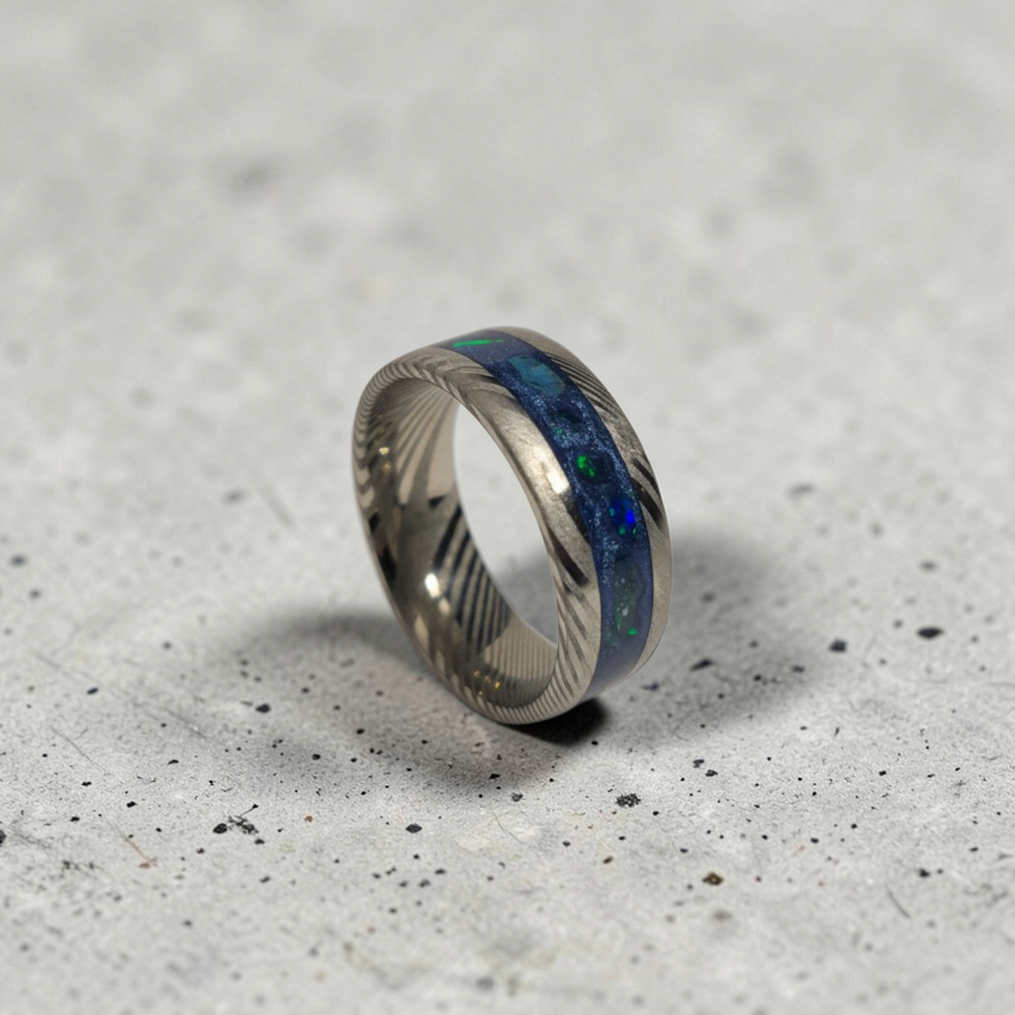 Damascus Steel Ring Apatite, Egyptian Blue Opal