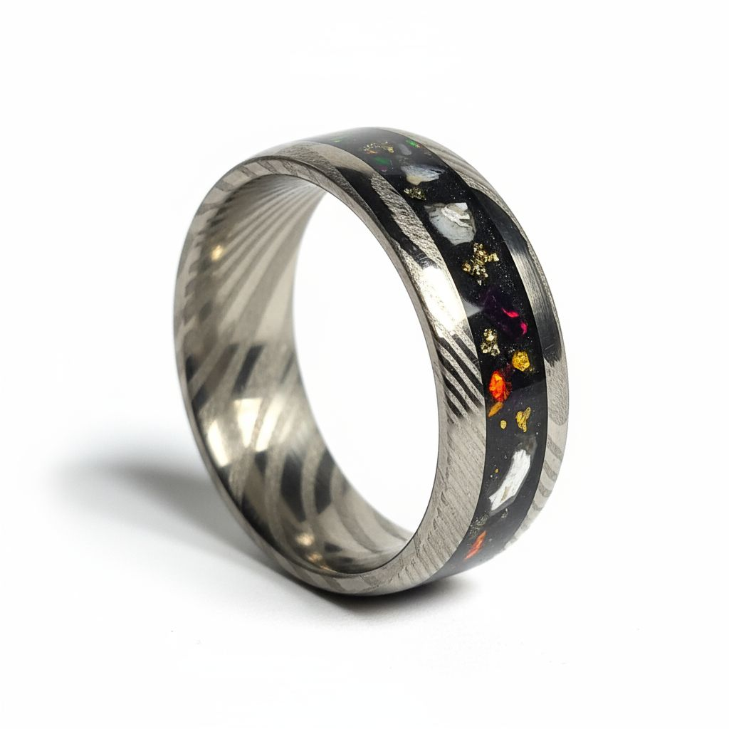 Damascus Steel Ring Dino Bone, Fire Opal, Pyrite
