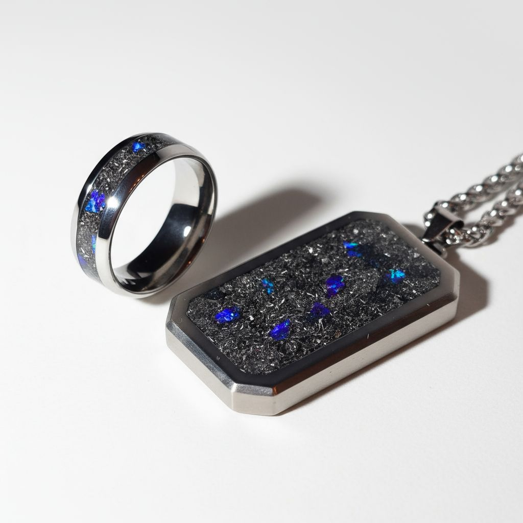 Meteorite, Blue Raspberry Opal Titanium Dog Tag Pendant and Titanium Ring