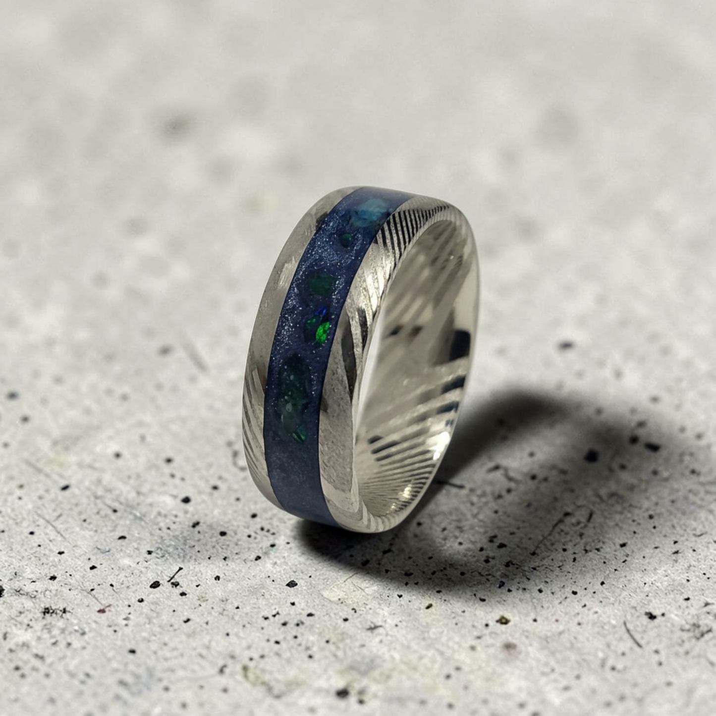 Damascus Steel Ring Apatite, Egyptian Blue Opal