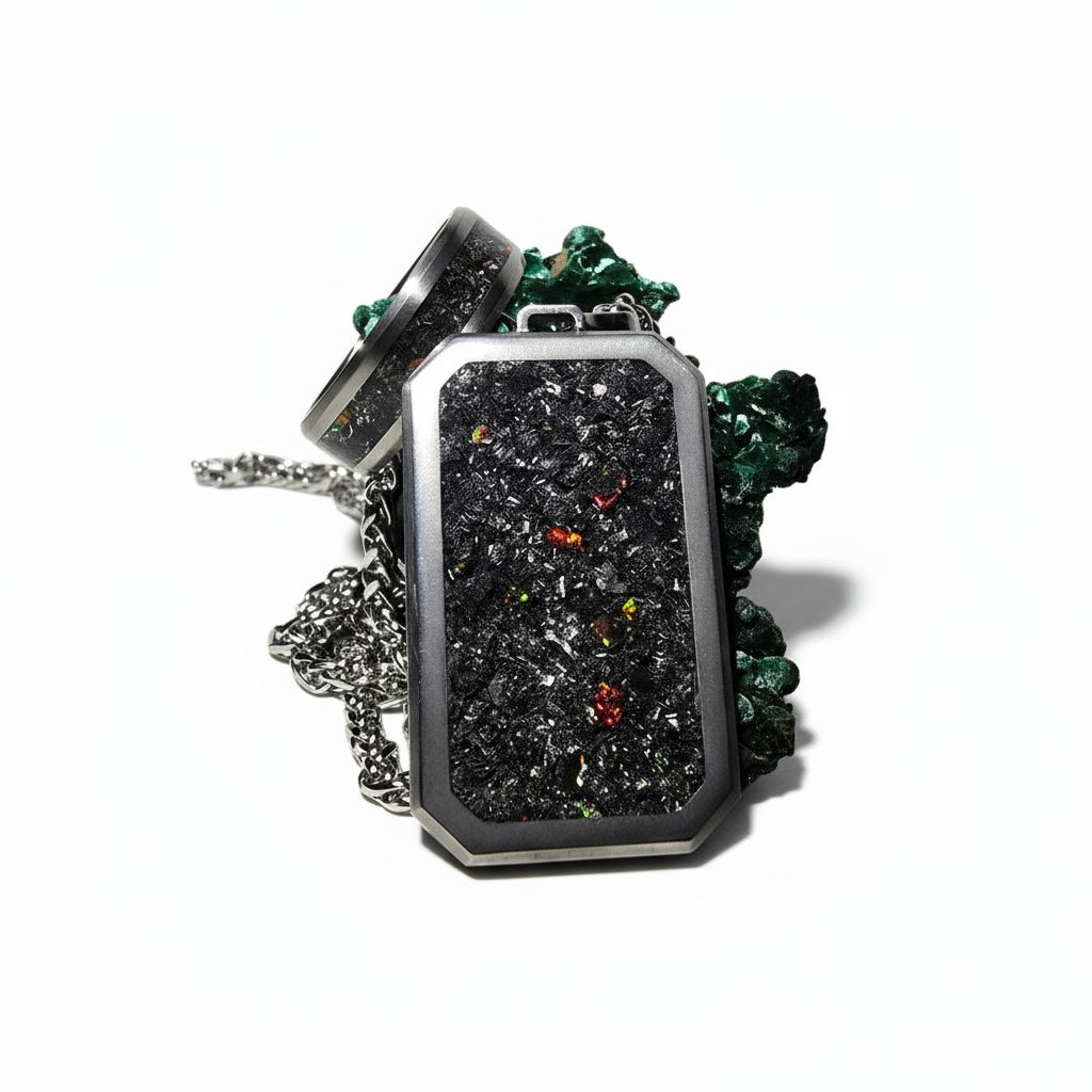 Meteorite, Black Fire Opal Titanium Dog Tag Pendant and Titanium Ring