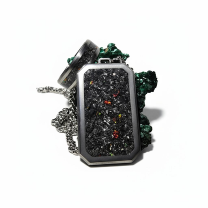 Meteorite, Black Fire Opal Titanium Dog Tag Pendant and Titanium Ring
