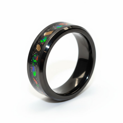 Black Ceramic Inlay Ring with Inferno Opal, Peridot, and Meteorite Dust