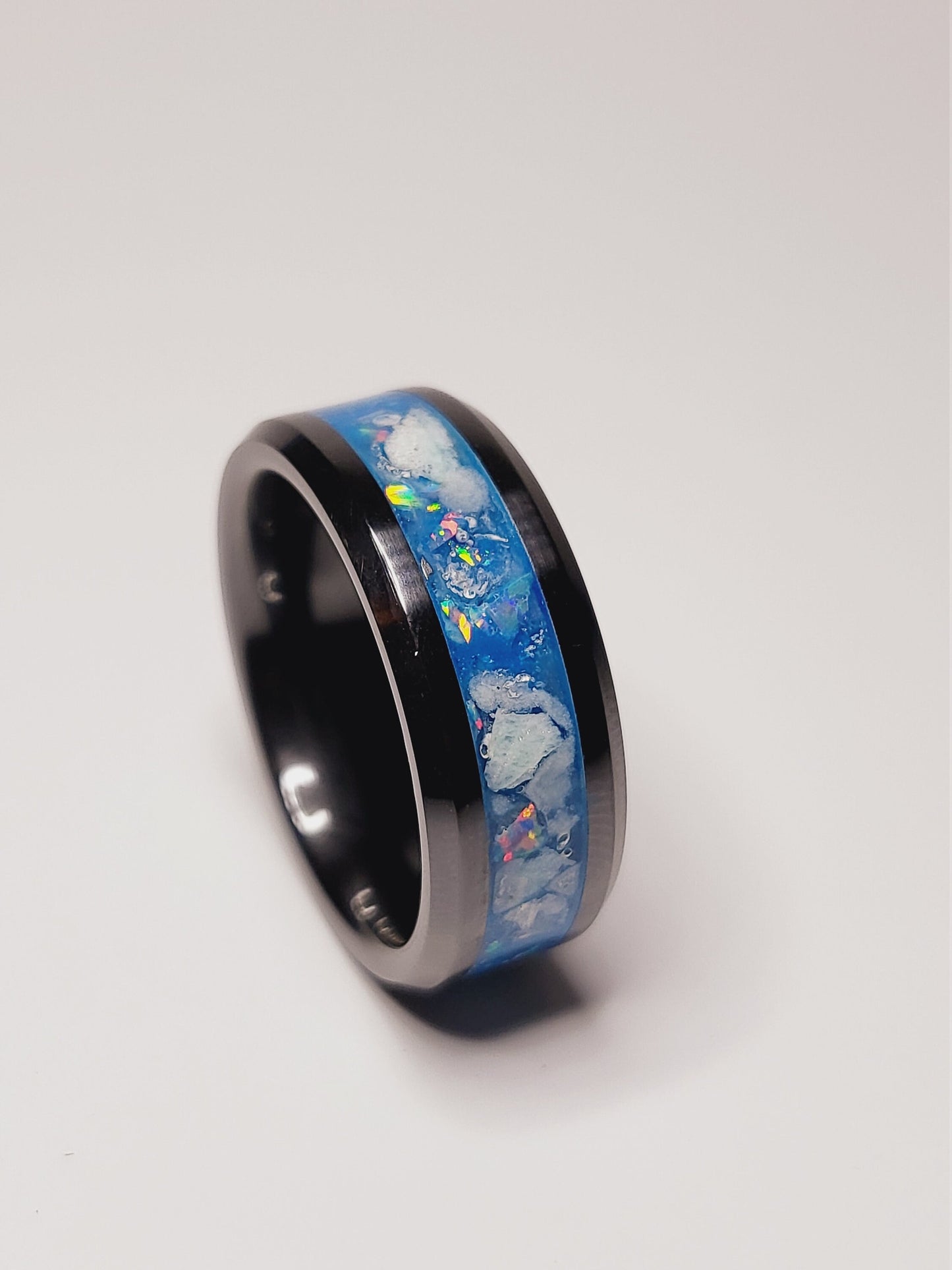 Black Ceramic Ring Opal Amazonite UV Glow