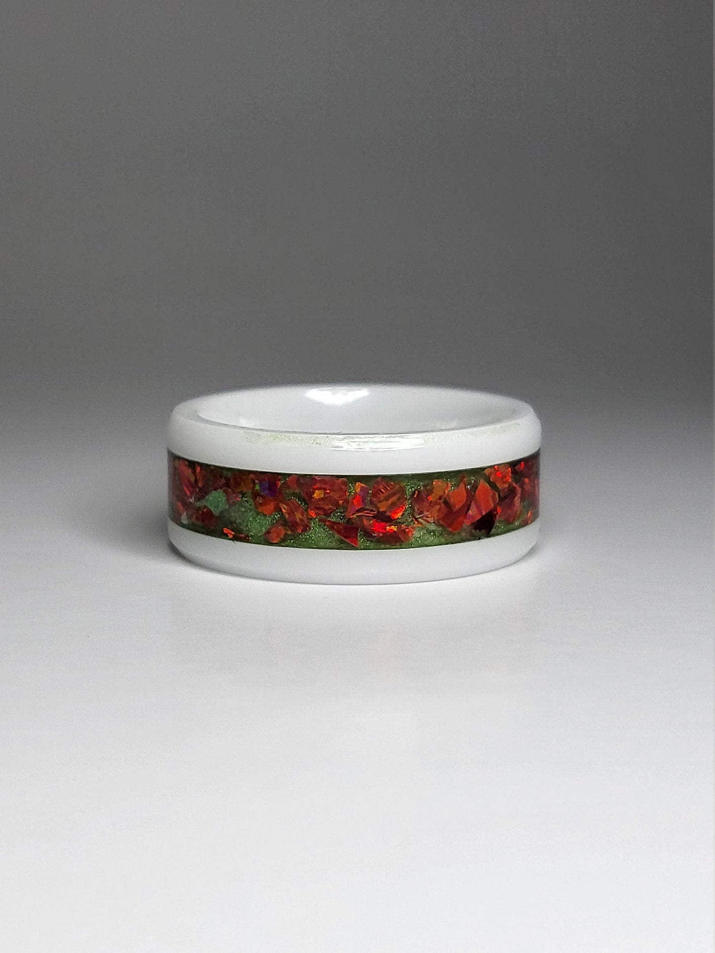 White Ceramic Ring Crimson Fire Opal UV Glow 6.5