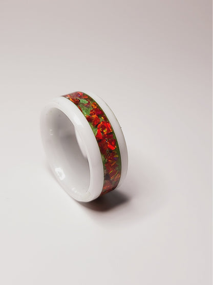 White Ceramic Ring Crimson Fire Opal UV Glow 6.5