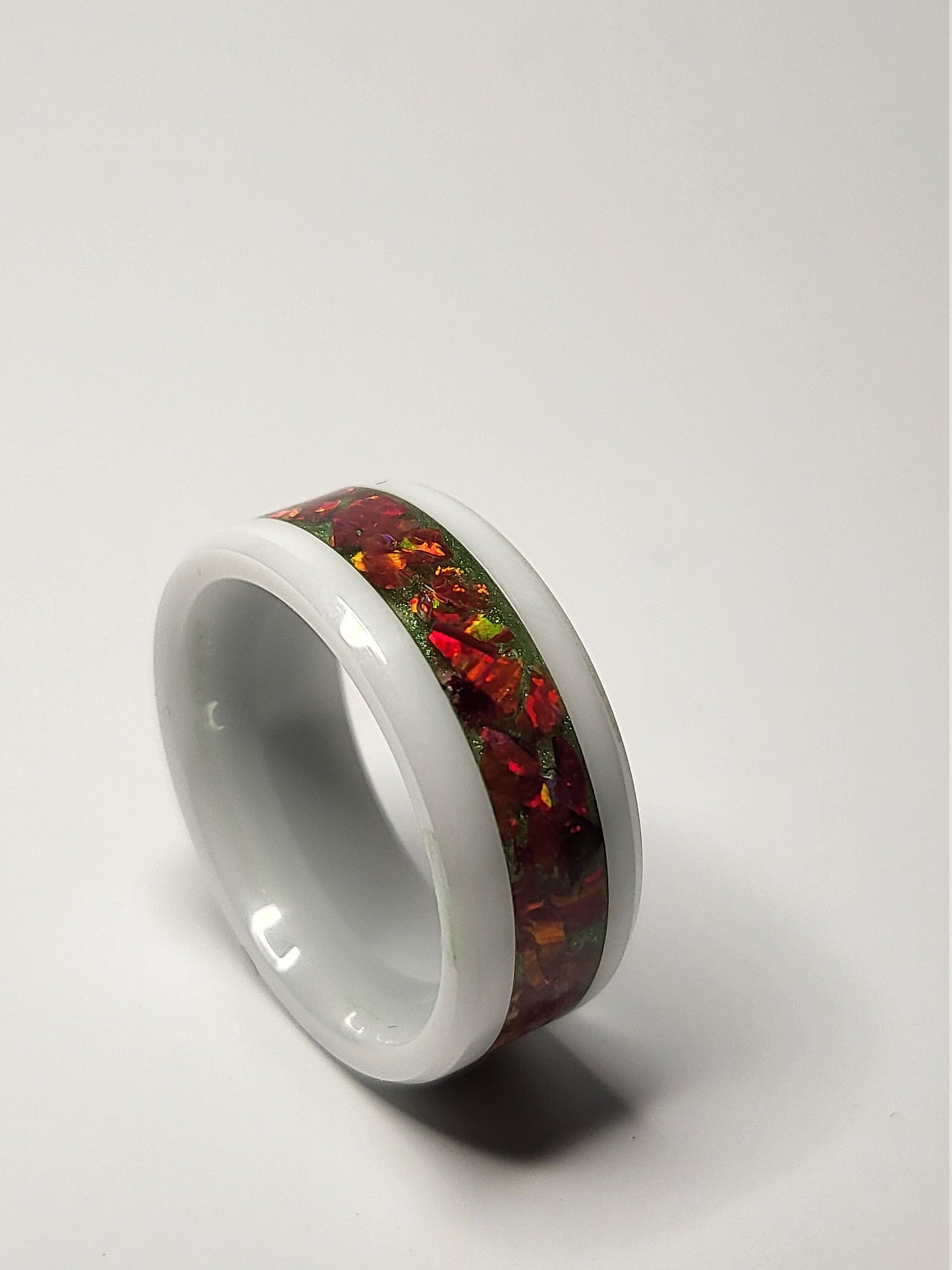 White Ceramic Ring Crimson Fire Opal UV Glow 6.5