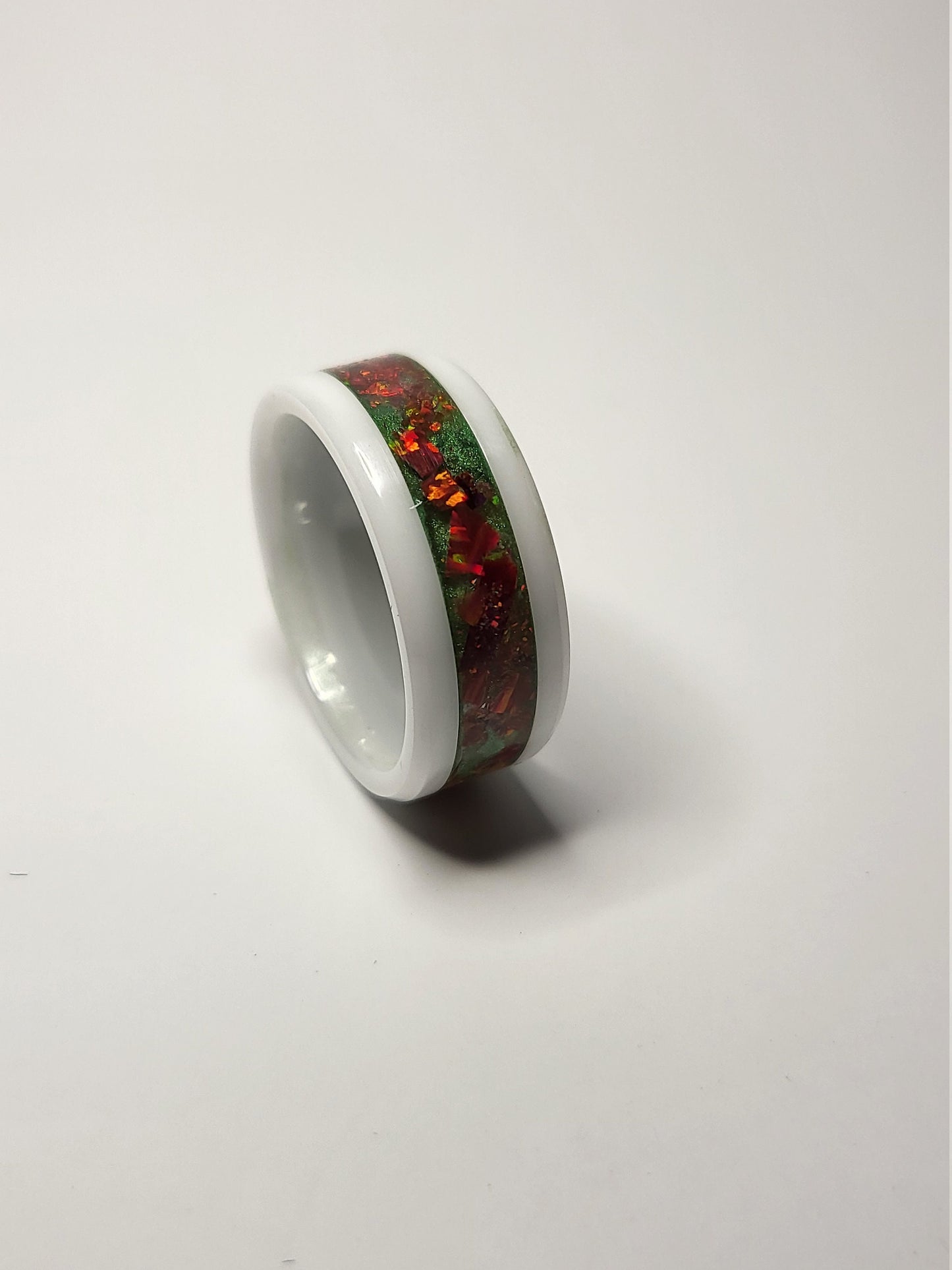White Ceramic Ring Crimson Fire Opal UV Glow 6.5