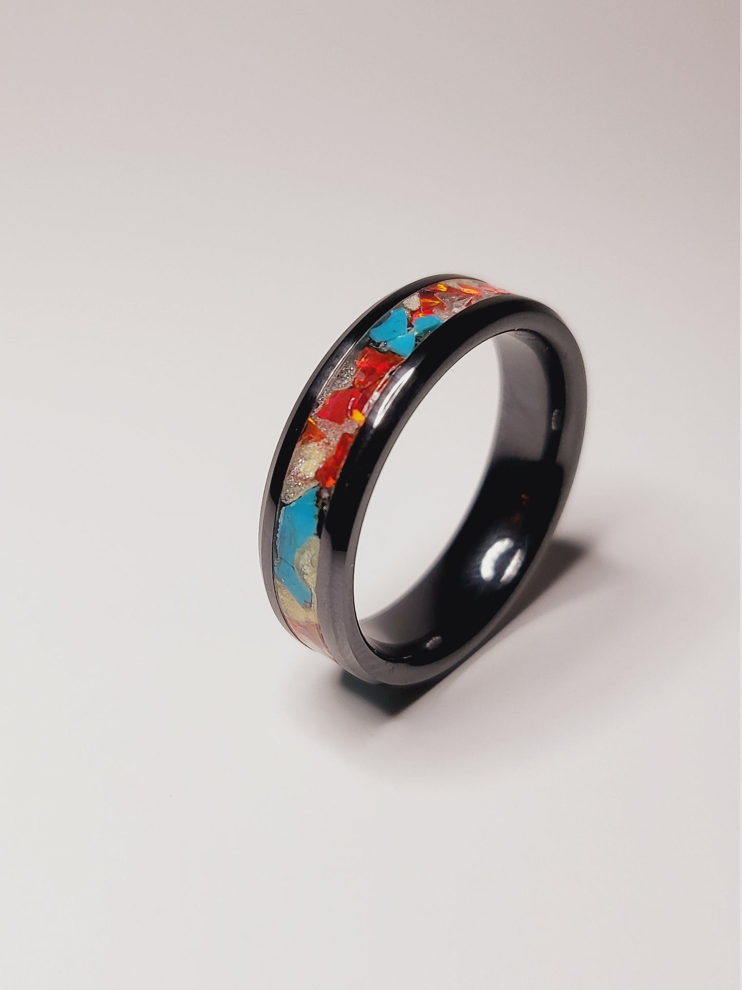 Black Ceramic Ring Fire Opal Turquoise UV Glow