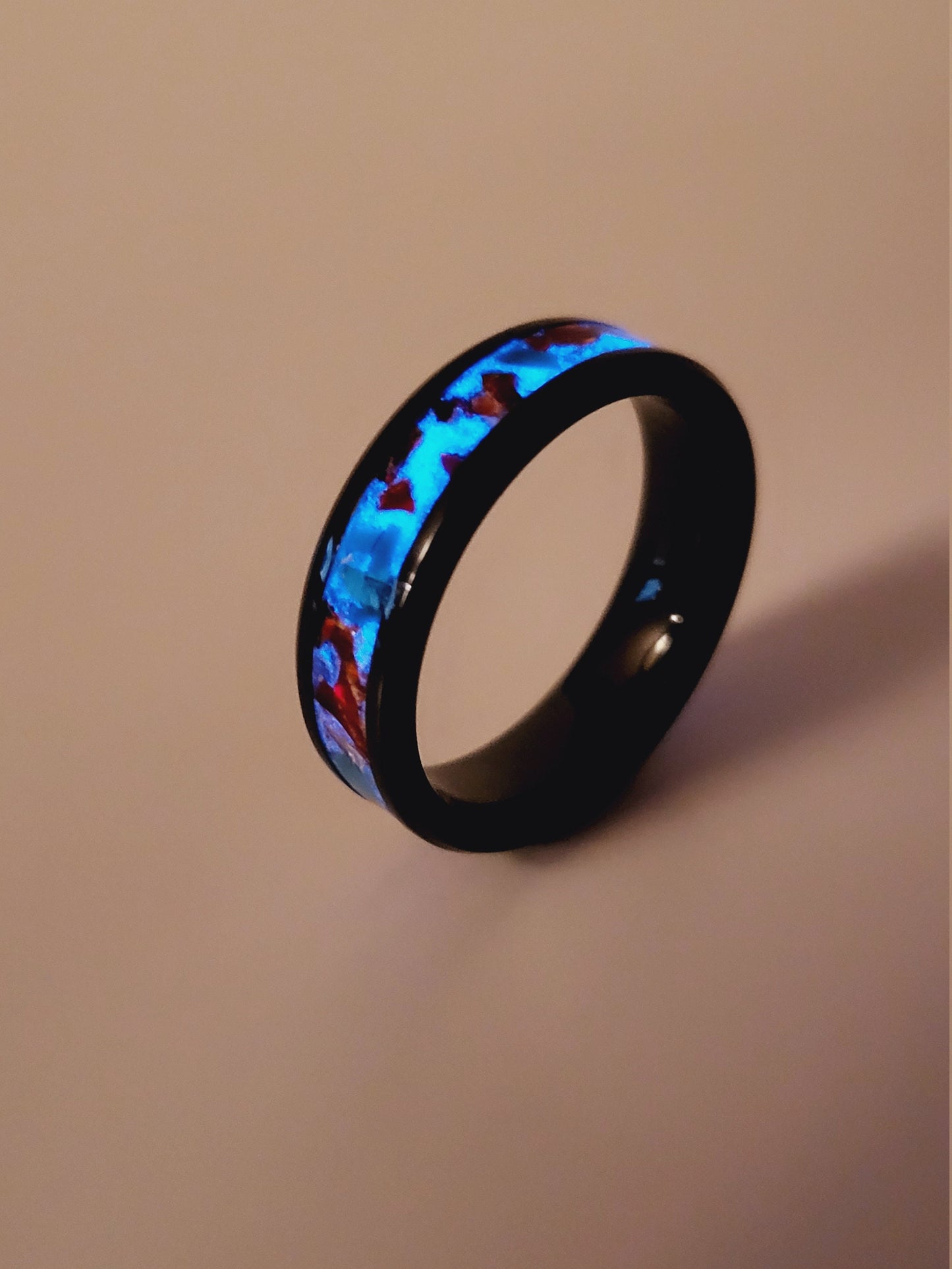 Black Ceramic Ring Fire Opal Turquoise UV Glow