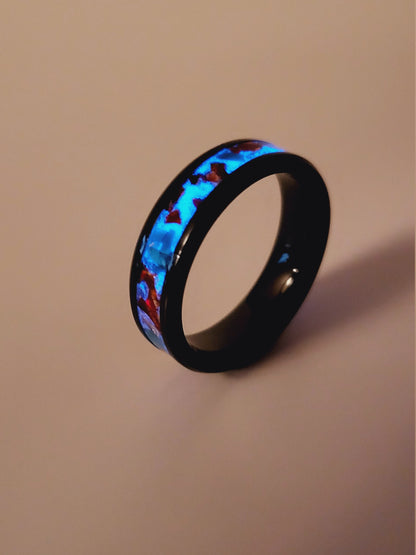 Black Ceramic Ring Fire Opal Turquoise UV Glow