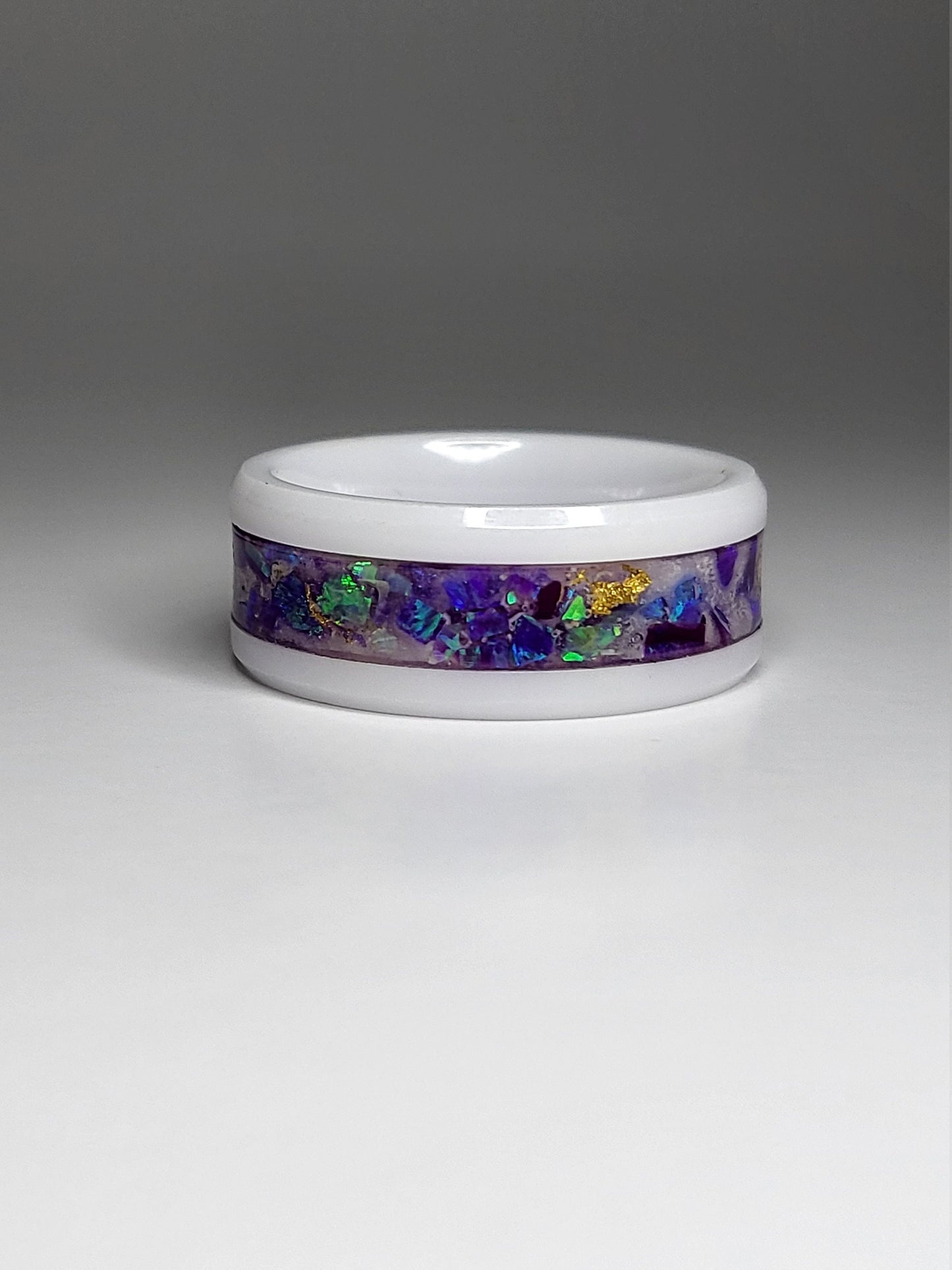 White Ceramic Ring Opal 24k Gold Leaf Lavendar UV Glow