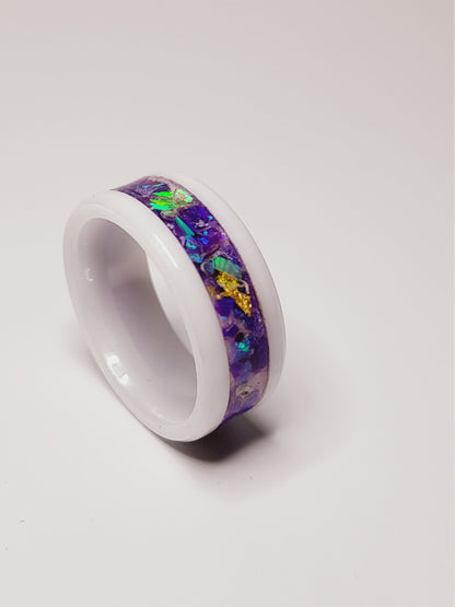 White Ceramic Ring Opal 24k Gold Leaf Lavendar UV Glow