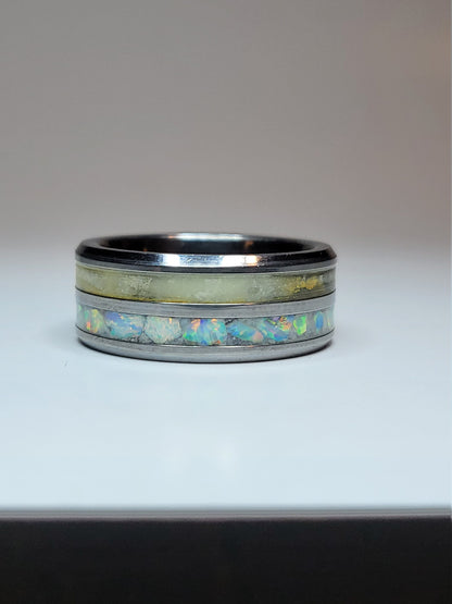Tungsten Double Channel Ring Opal Diamond Dust UV Glow