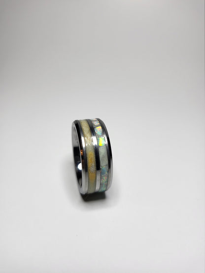 Tungsten Double Channel Ring Opal Diamond Dust UV Glow
