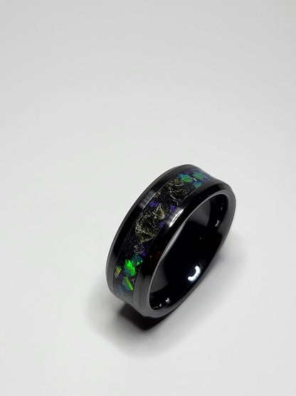 Black Ceramic Ring Opal Amber Meteorite UV Glow