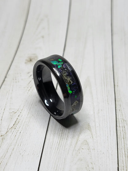 Black Ceramic Ring Opal Amber Meteorite UV Glow