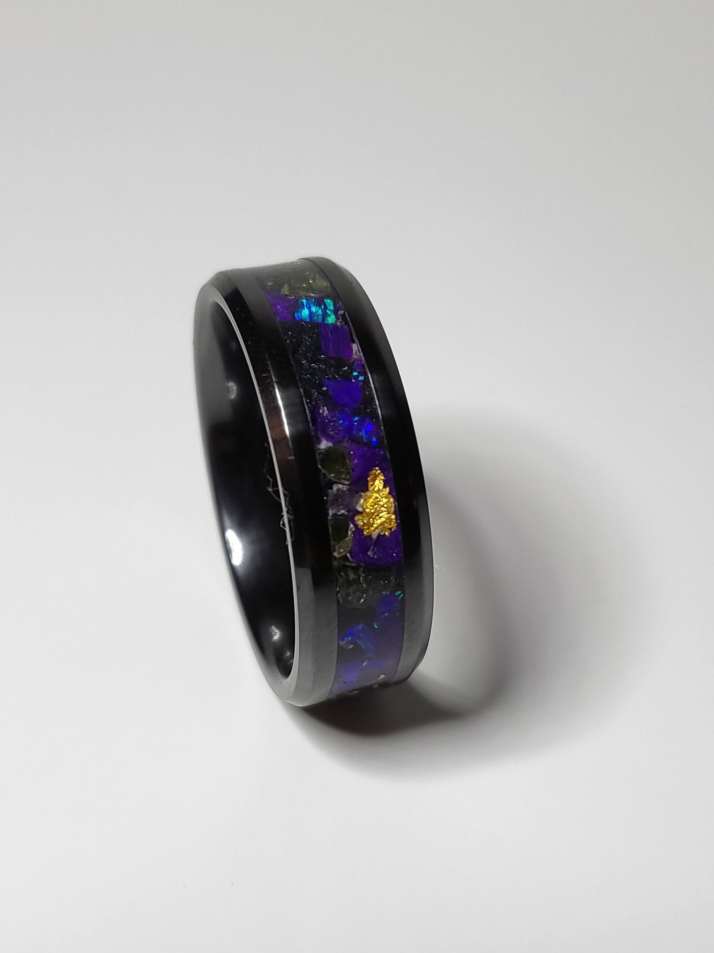 Black Ceramic Ring Opal, 24k Gold Leaf, Peridot UV Glow