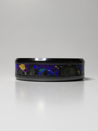 Black Ceramic Ring Opal, 24k Gold Leaf, Peridot UV Glow