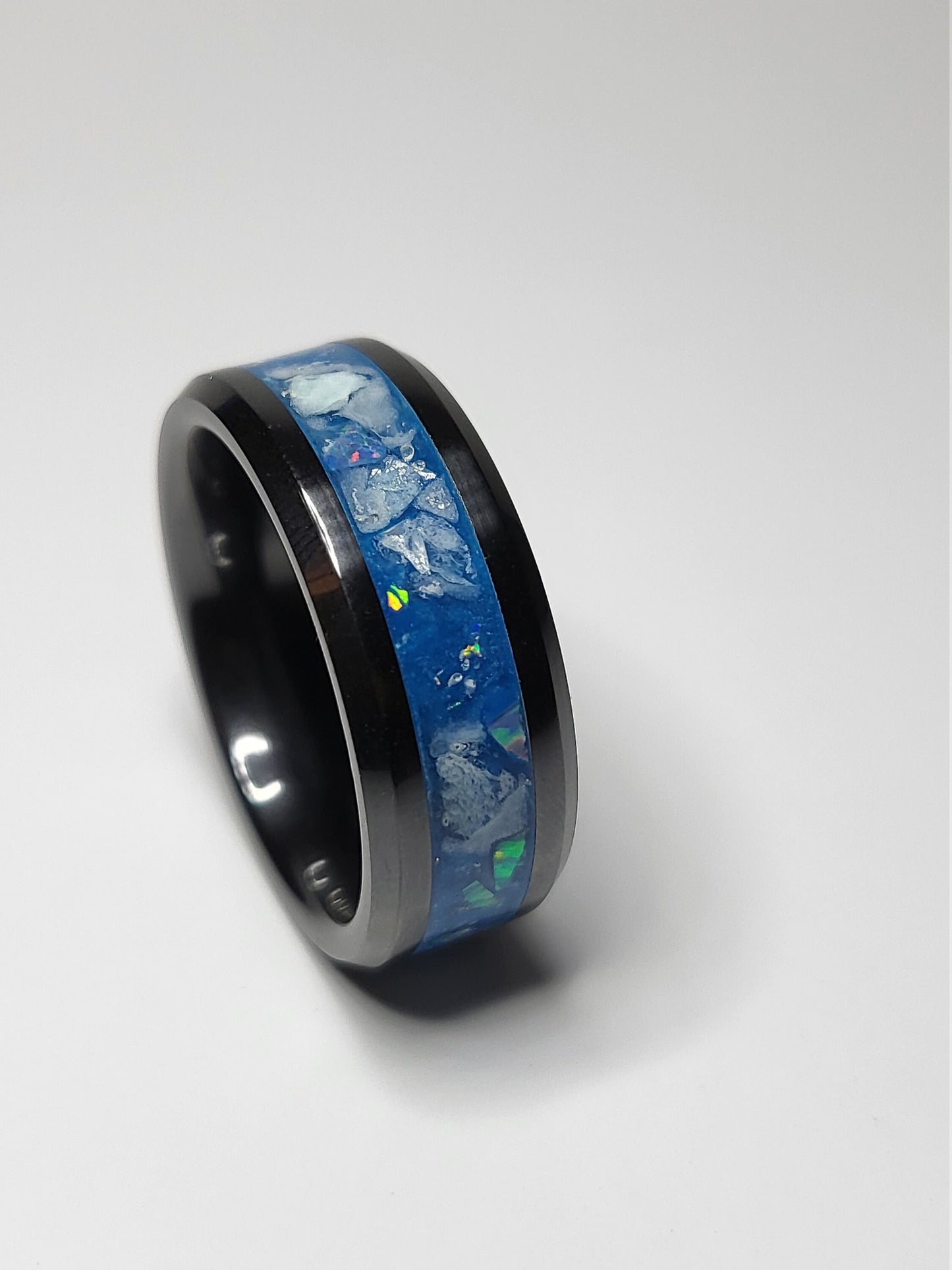 Black Ceramic Ring Opal Amazonite UV Glow