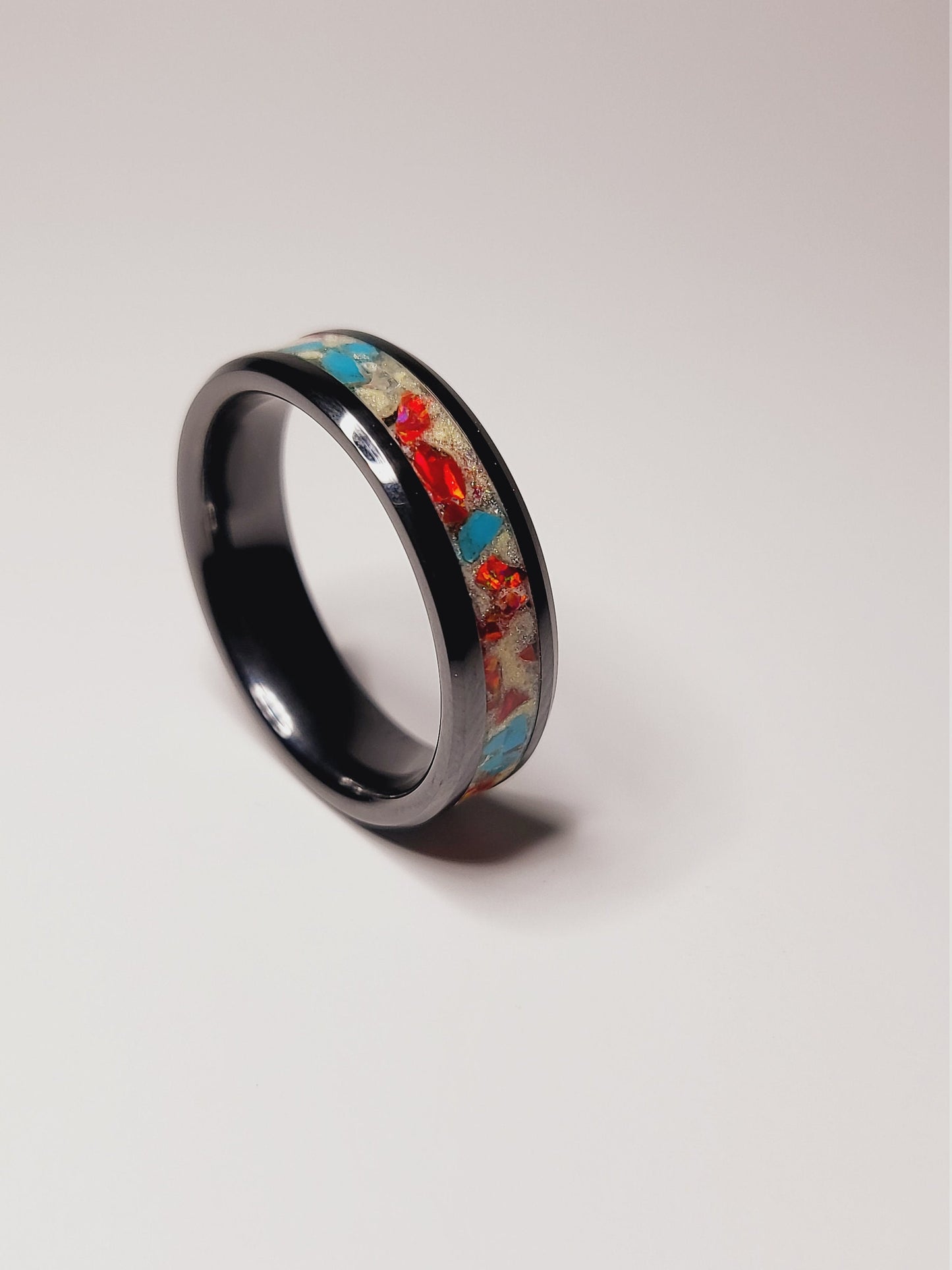 Black Ceramic Ring Fire Opal Turquoise UV Glow