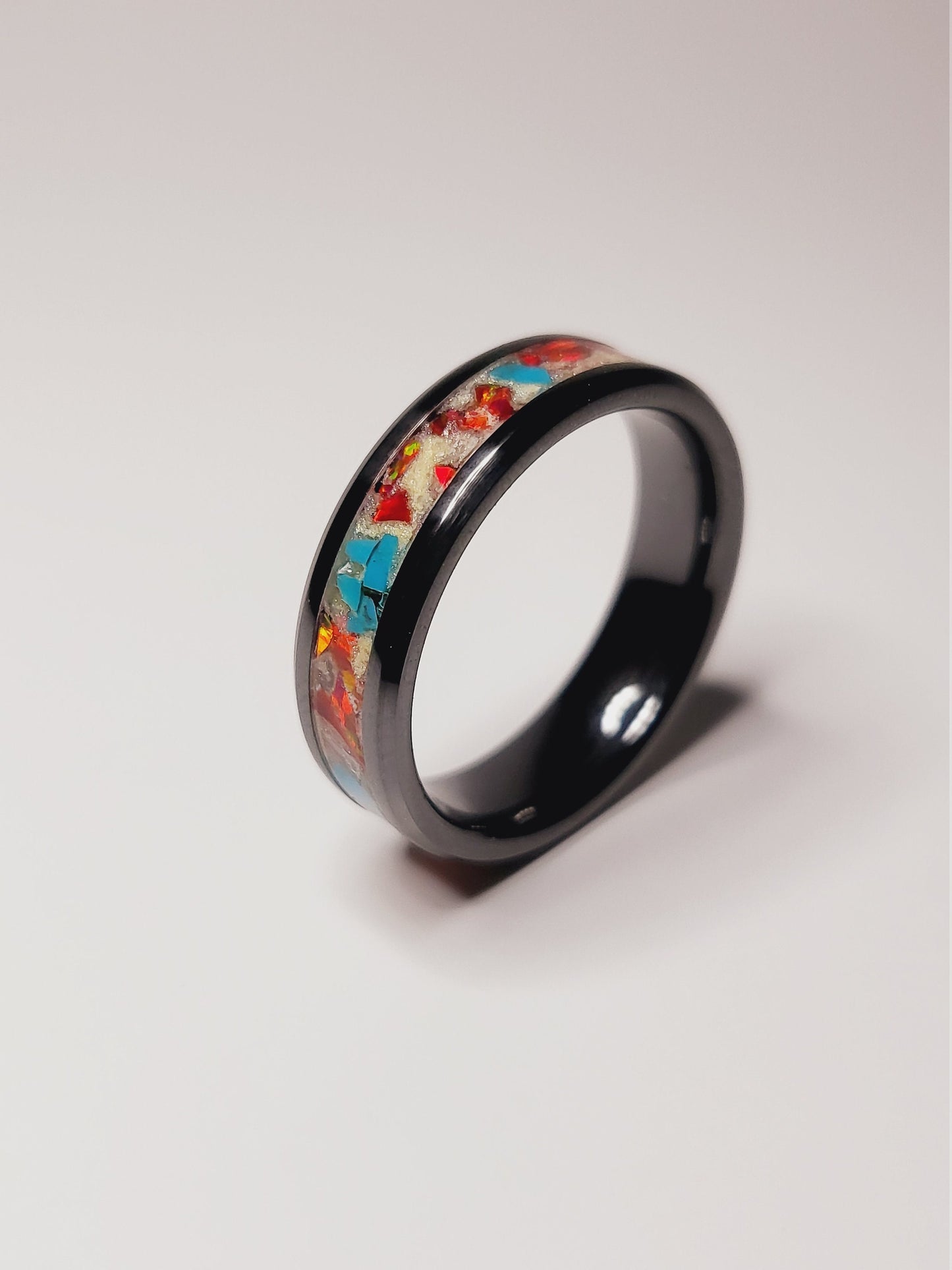 Black Ceramic Ring Fire Opal Turquoise UV Glow