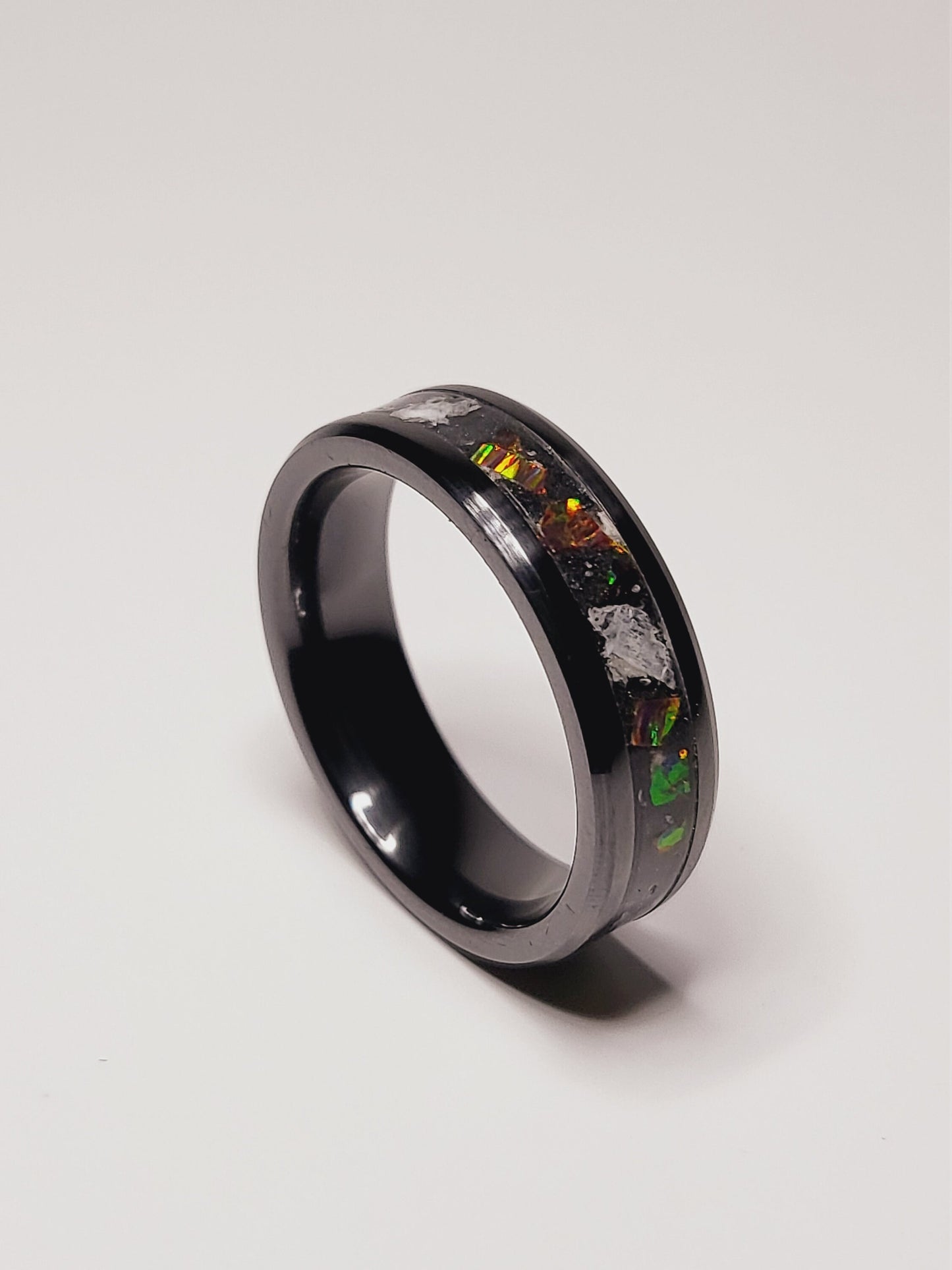 Black Ceramic Ring Fire Opal Moonstone Quartz UV Glow
