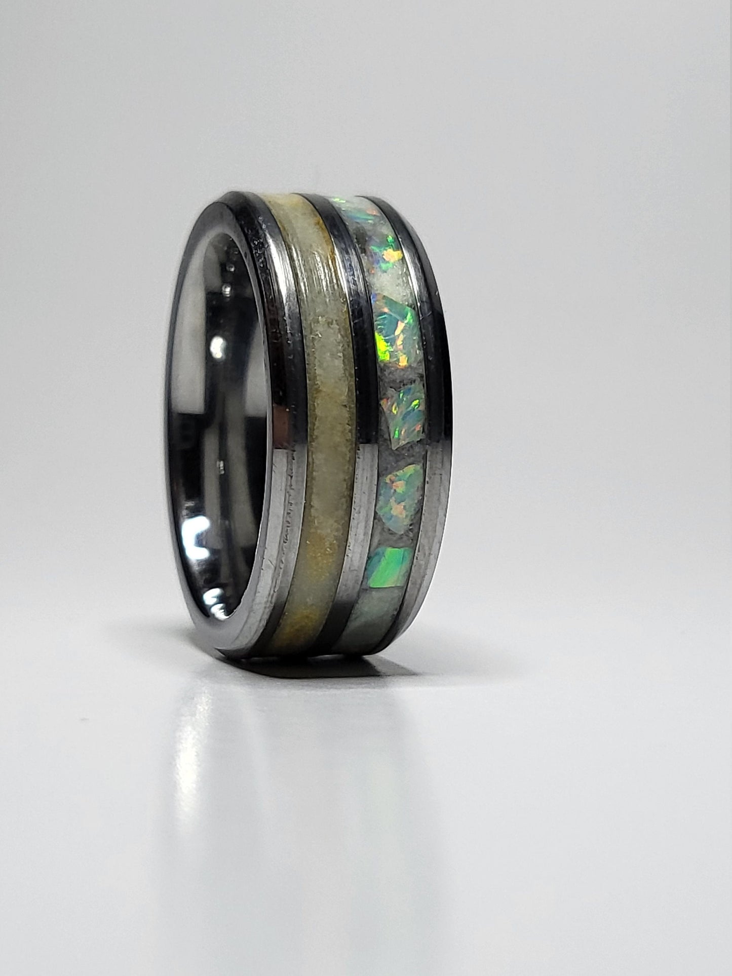 Tungsten Double Channel Ring Opal Diamond Dust UV Glow