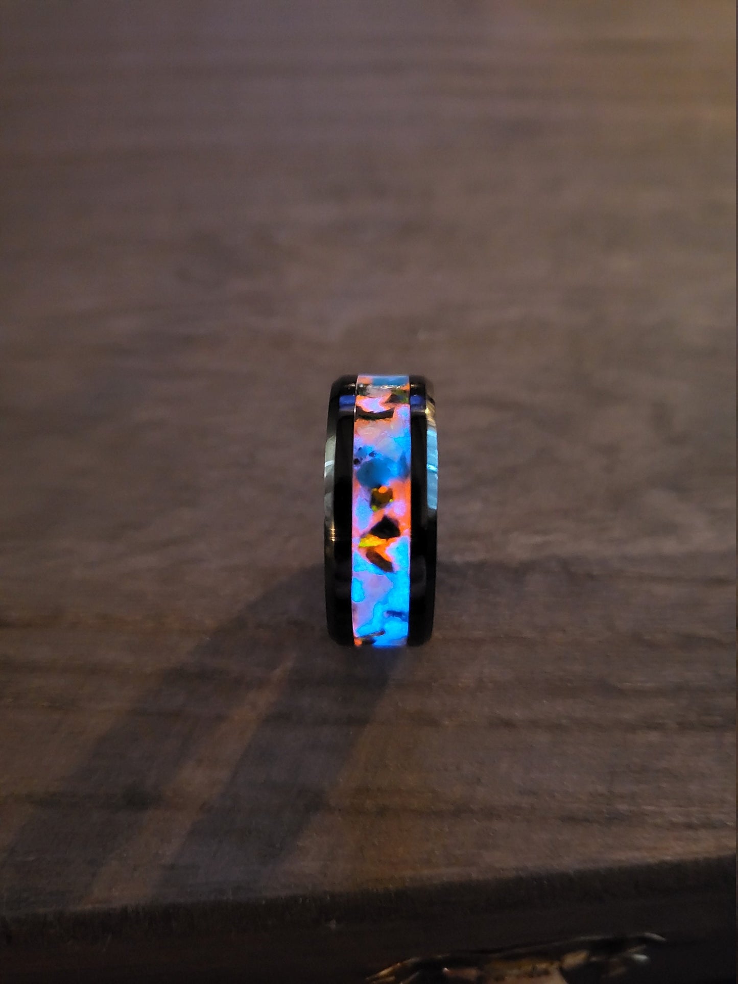 Black Ceramic Ring Opal Turquoise UV Glow