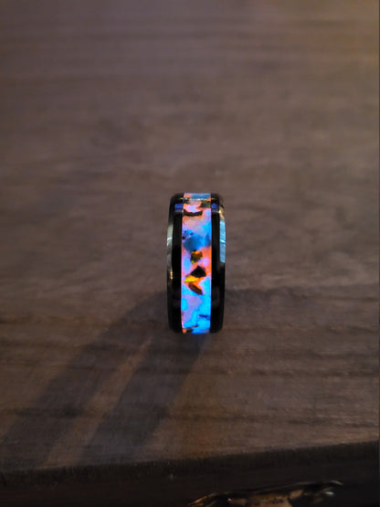 Black Ceramic Ring Opal Turquoise UV Glow