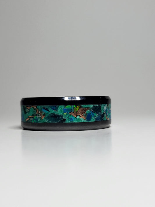 Black Ceramic Ring Cyan Green Opal Apatite Copper Shavings Aqua UV Glow