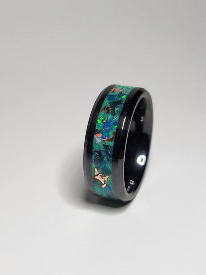 Black Ceramic Ring Cyan Green Opal Apatite Copper Shavings Aqua UV Glow