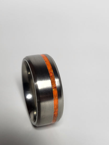 Titanium Ring Offset Thin Line, Blood Orange Opal Orange UV Glow