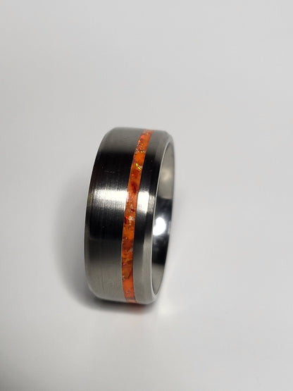 Titanium Ring Offset Thin Line, Blood Orange Opal Orange UV Glow